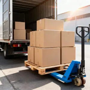 Załadunek kartonów na palecie wózkiem paletowym do samochodu dostawczego z otwartą klapą
